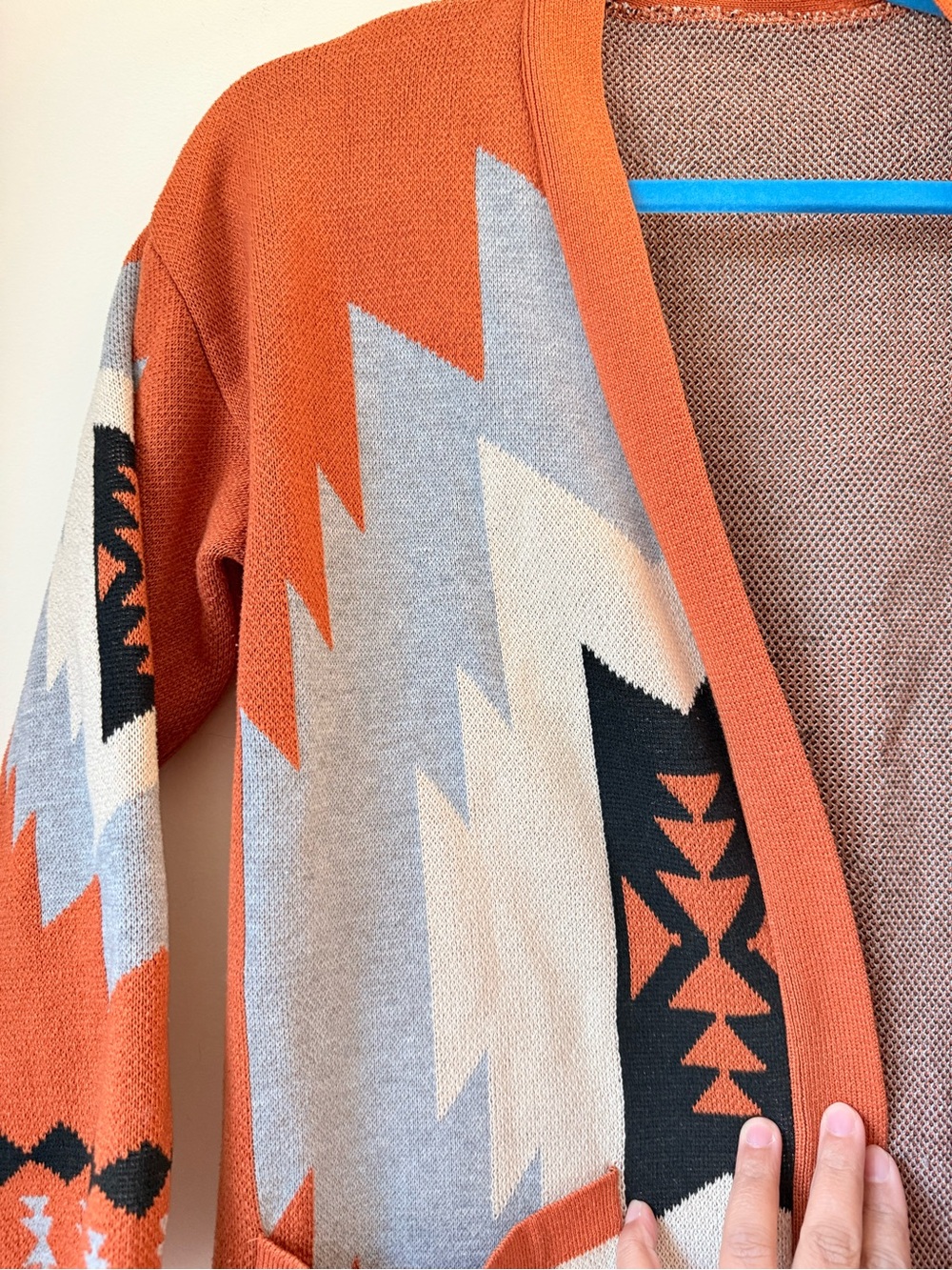 Aztec Pattern Open-Front Cardigan Sweater - Rust M - Picture 7 of 16